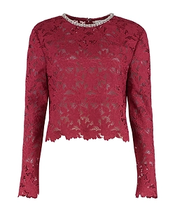 Self-Portrait Embellished-Neck Lace Top