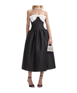 Self-Portrait Taffeta Contrast Bow Midi Dress