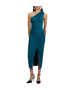 Single Shoulder Pleated Medium Length Dress