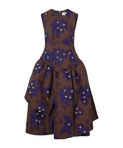 Asymmetric Embellished Gathered Printed Taffeta Dress