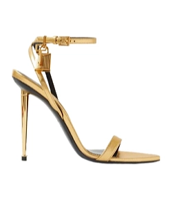 Padlock-Style Metallic Leather High-Heeled Sandals