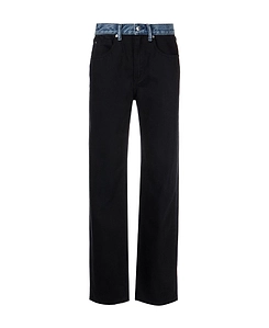 Contrast-Waistband Straight-Leg Jeans