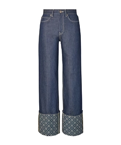 Tory Burch T Monogram Contrast Cuff Straight Leg Jeans