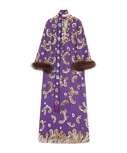 Embroidered Chiffon Dress With Feathers