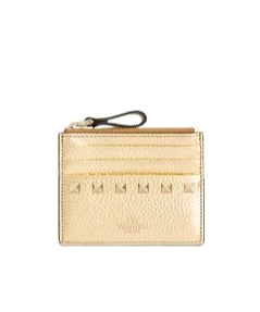 Rockstud Laminated Grainy Calfskin Card Holder With Zip