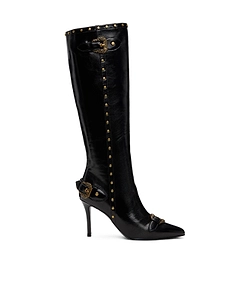 Buckle-Detail Studded Knee-High Boots