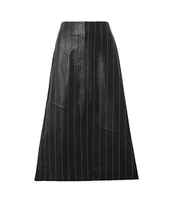 Patchwork Embroidered Pinstriped Leather Midi Skirt