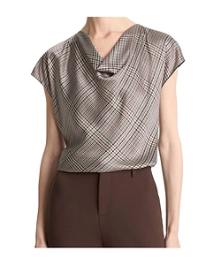 Pressed Plaid Silk Cowl-Neck Blouse