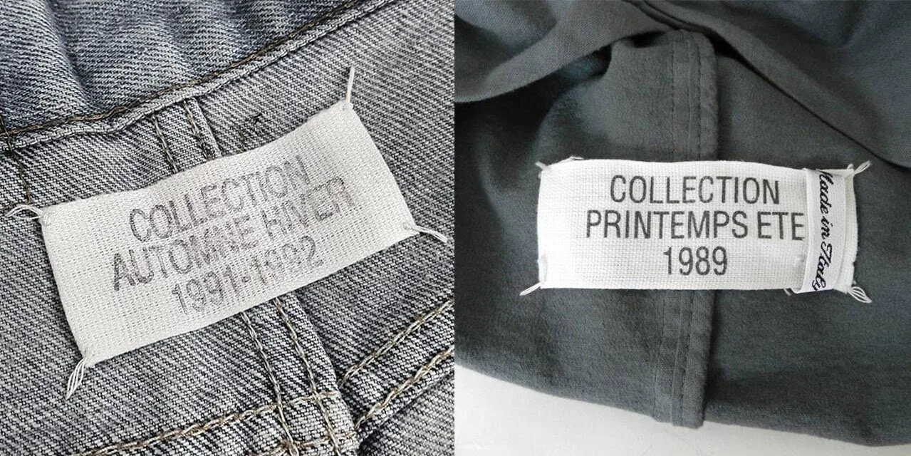 Two early Maison Martin Margiela collection labels side by side, one reading COLLECTION AUTOMNE HIVER 1989-1990 on a denim garment, the other COLLECTION PRINTEMPS ETE 1989 with a Made in Italy tab at its edge